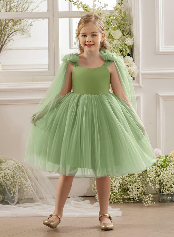 Take Two Girls Bow Sleeveless Cape Detail Mesh Dress - Image 3